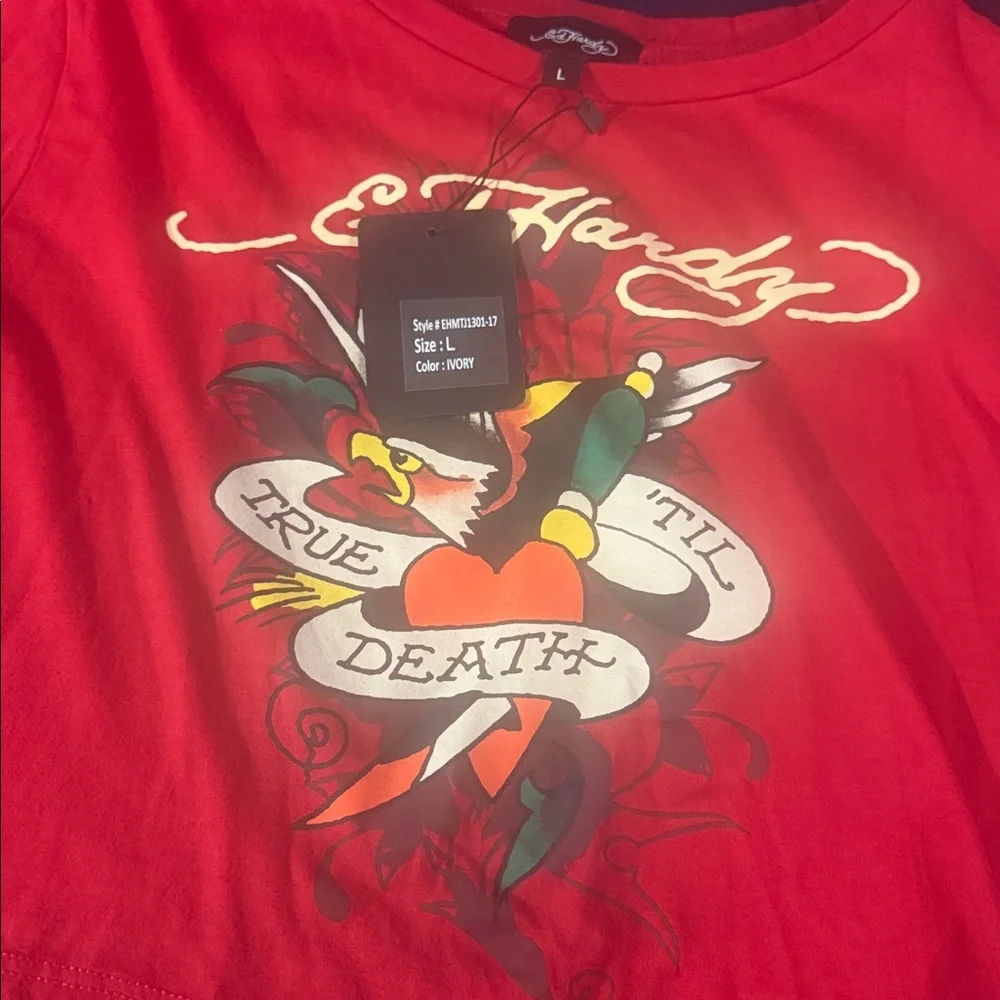 Ed Hardy Red Long Sleeve Graphic crop tee - Picture 3 of 6